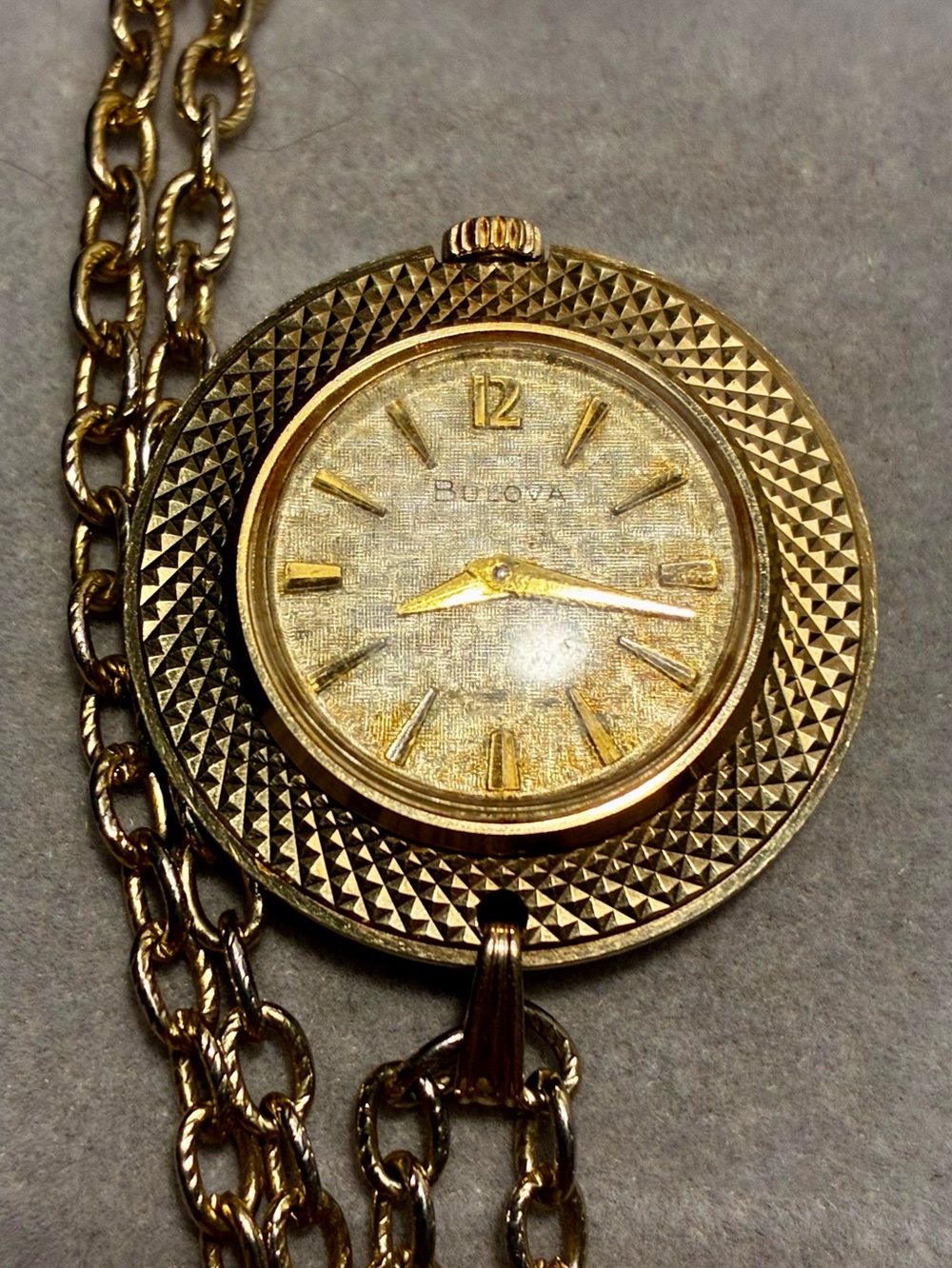 Vintage Bulova Gold Mechanical Pendant Watch Necklace with Chain. Works Well